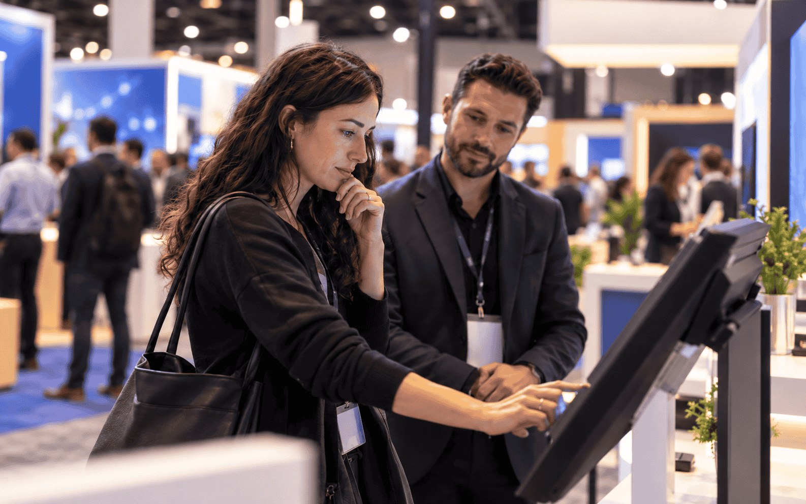 Two conference attendees testing a demo on a touchscreen kiosk in a busy expo hall