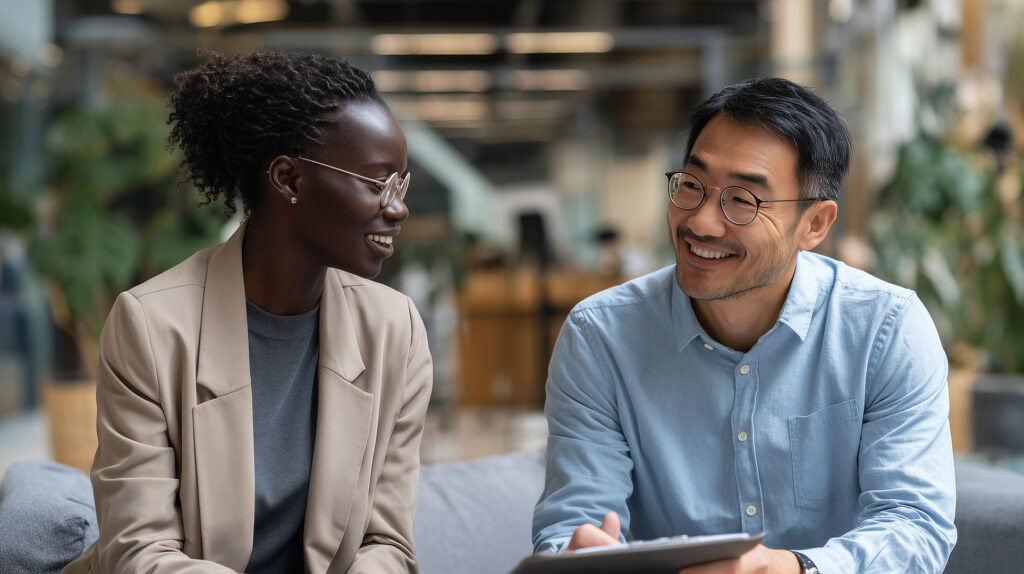 1. Two professionals, a Black woman and an Asian man, smiling and engaging in a conversation in a modern office environment.