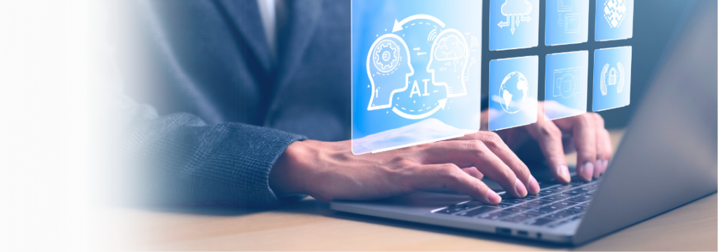 Business man using ai learning simulations on laptop