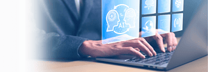 Business man using ai learning simulations on laptop
