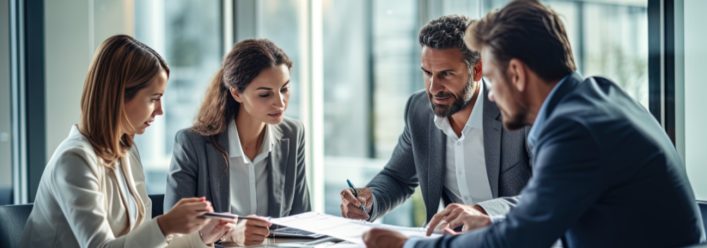 business team of two men and two women discussing best ai tools