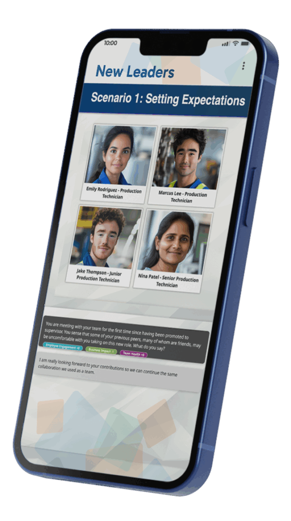 A young woman and three young men displayed on a smartphone screen, each with their name and role, under the heading "New Leaders" and "Scenario 1: Setting Expectations.".