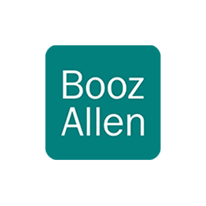 Booz Allen logo with teal background and white text reading "Booz Allen".
